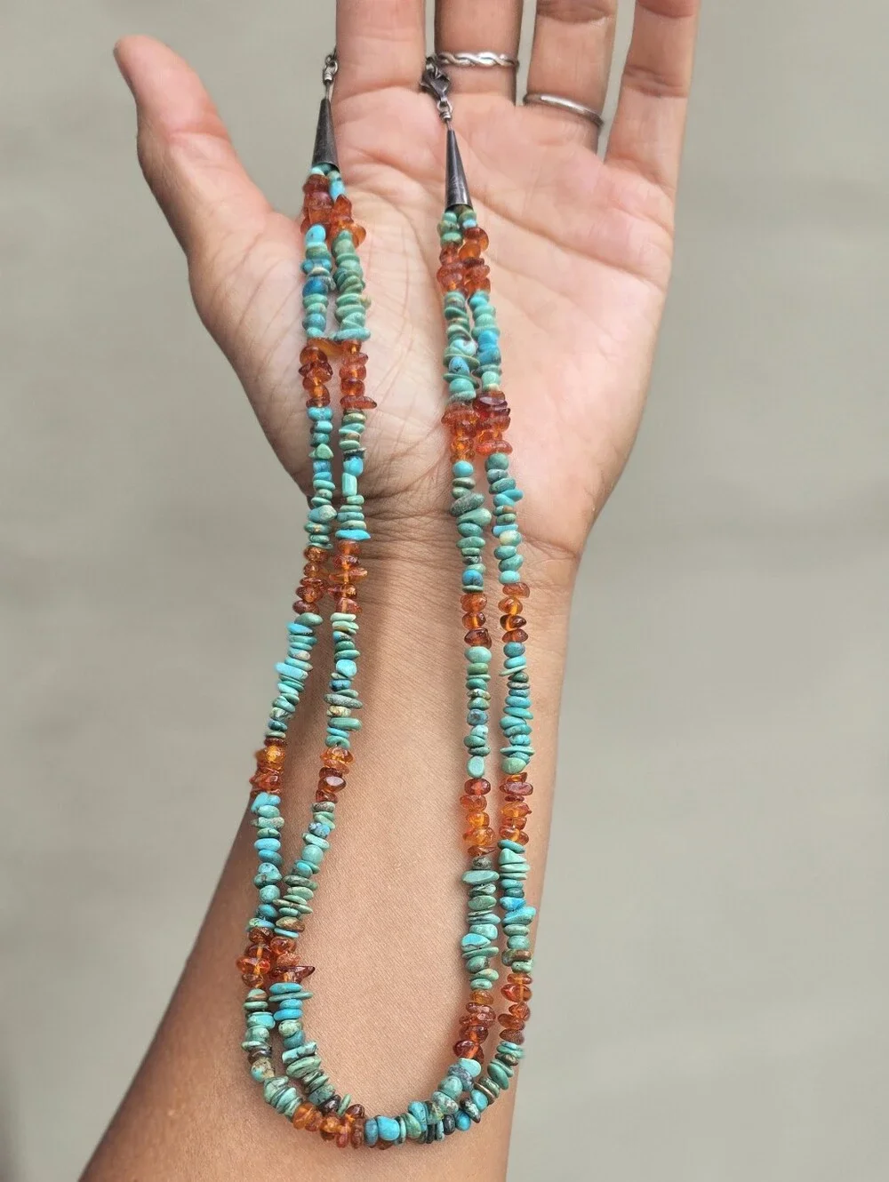 Southwestern double strand turquoise and amber 925 sterling silver necklace